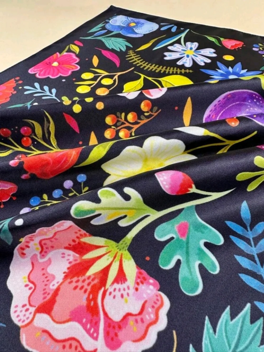 Floral Multicolor Satin Scarf on Black Background Summer Beach Festival Vacation